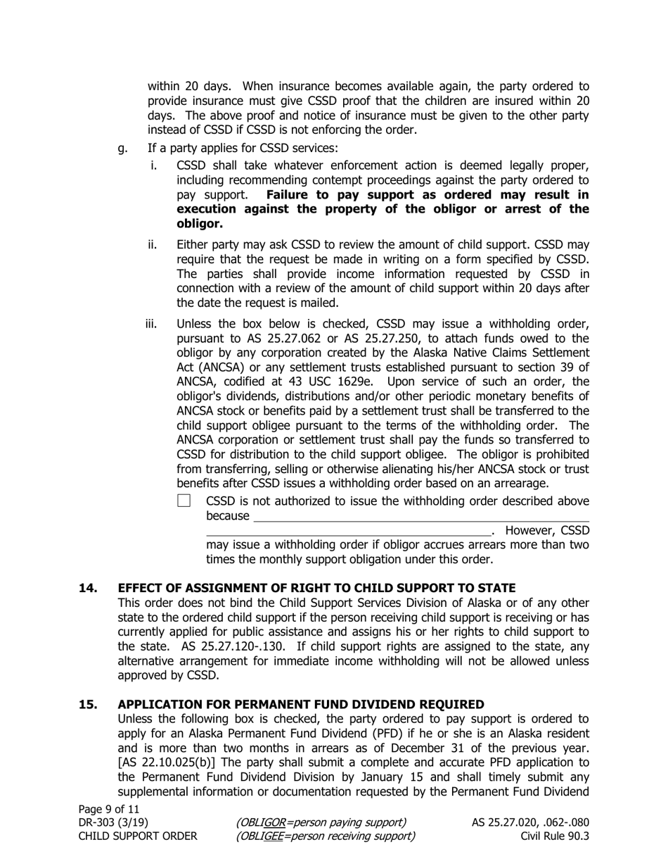 Form DR-303 Child Support Order - Alaska, Page 9