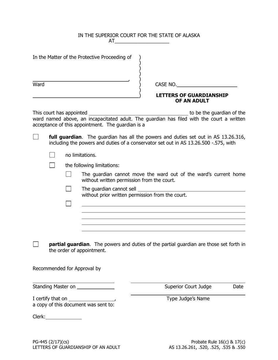 Form PG-445 Letters of Guardianship of an Adult - Alaska, Page 1