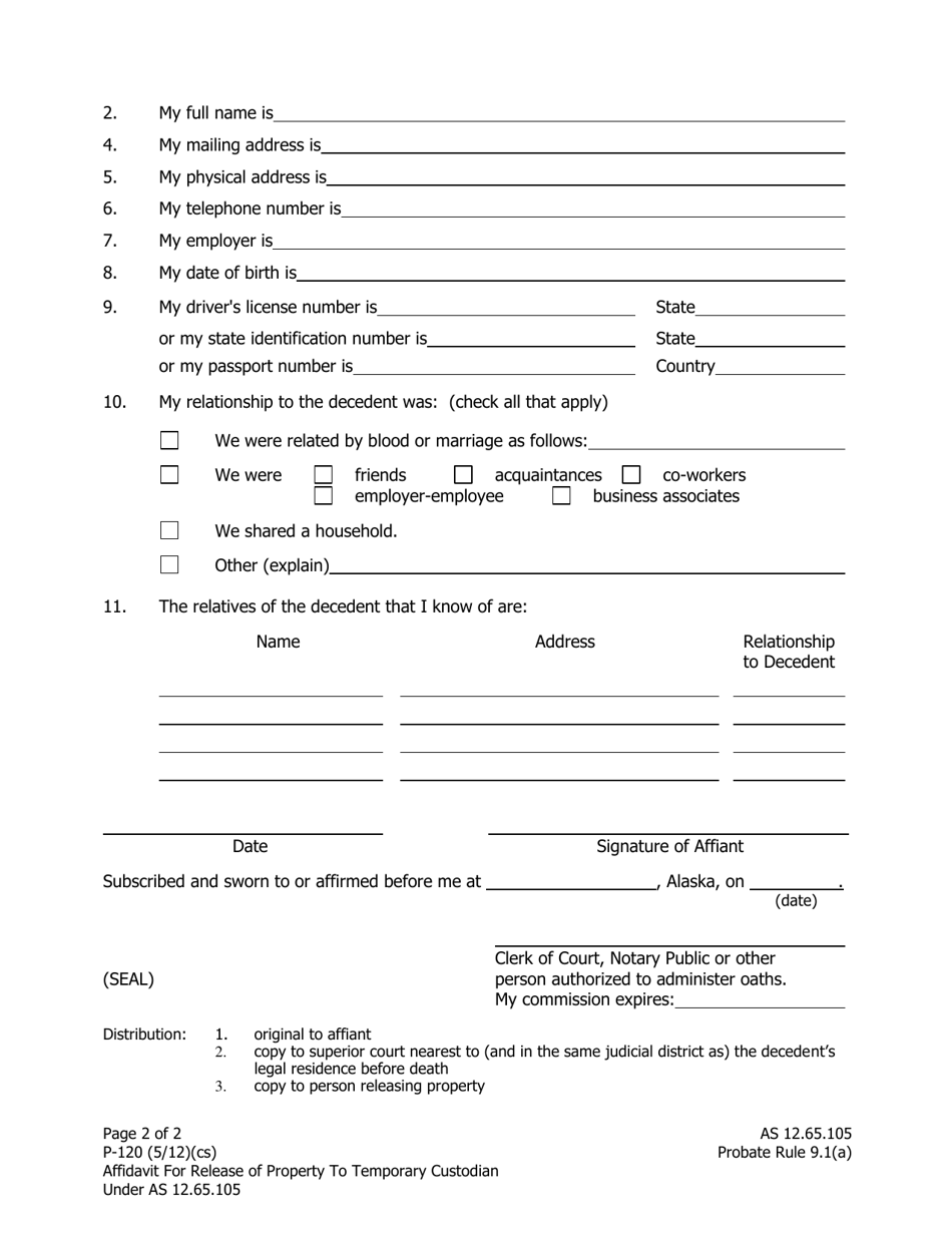 Form P-120 Affidavit for Release of Property to Temporary Custodian Under as 12.65.105 - Alaska, Page 2