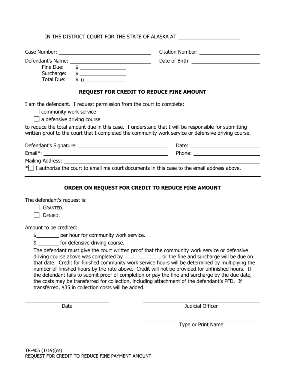 Form TR-405 Request for Credit to Reduce Fine Payment Amount - Alaska, Page 1
