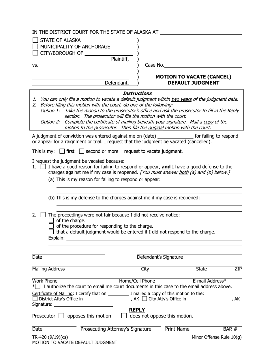 Form TR-420 Motion to Vacate (Cancel) Default Judgment - Alaska, Page 1