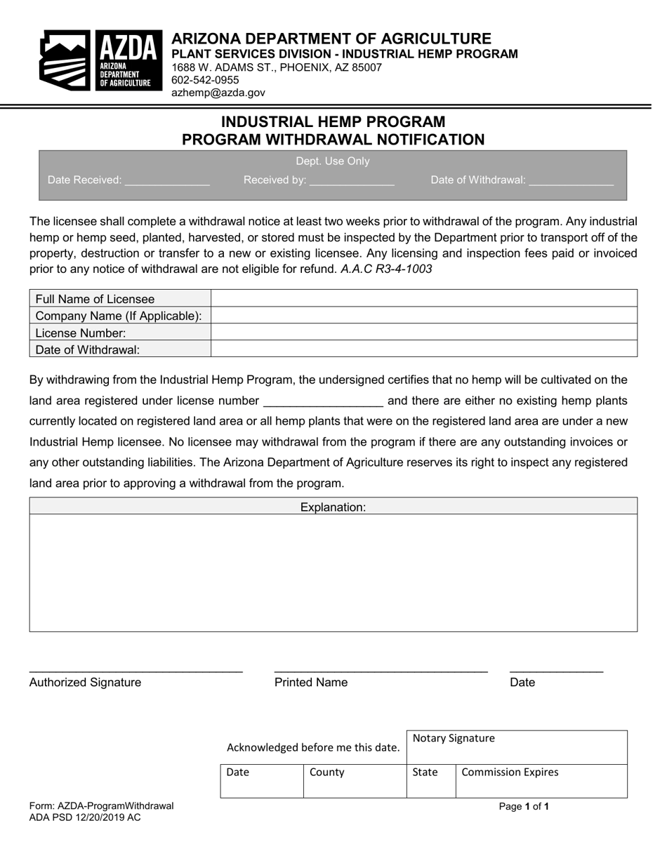 Form AZDA-PROGRAMWITHDRAWAL Industrial Hemp Program Program Withdrawal Notification - Arizona, Page 1
