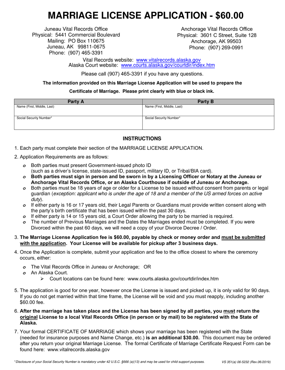 Form VS351(A) (06-5232) Marriage License Application - Alaska, Page 1