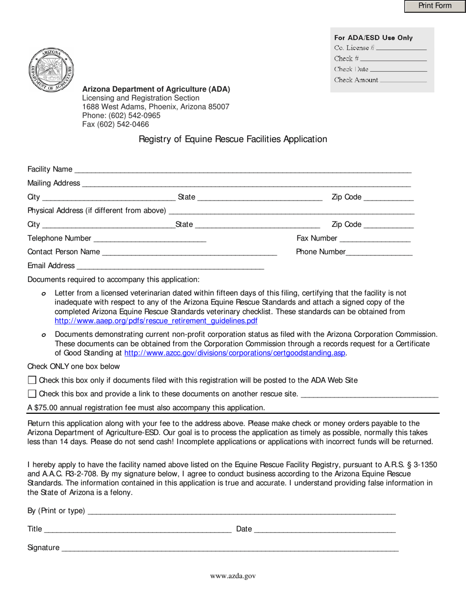Registry of Equine Rescue Facilities Application - Arizona, Page 1