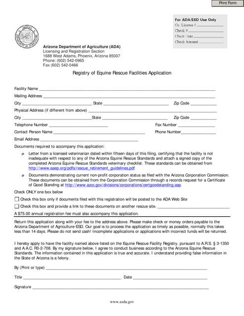 Registry of Equine Rescue Facilities Application - Arizona