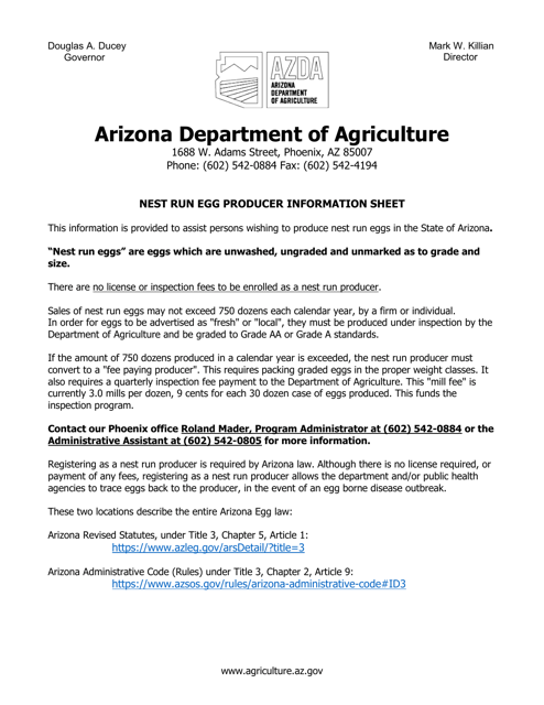 Notice of Intent to Register as a Nest Run Egg Producer - Arizona