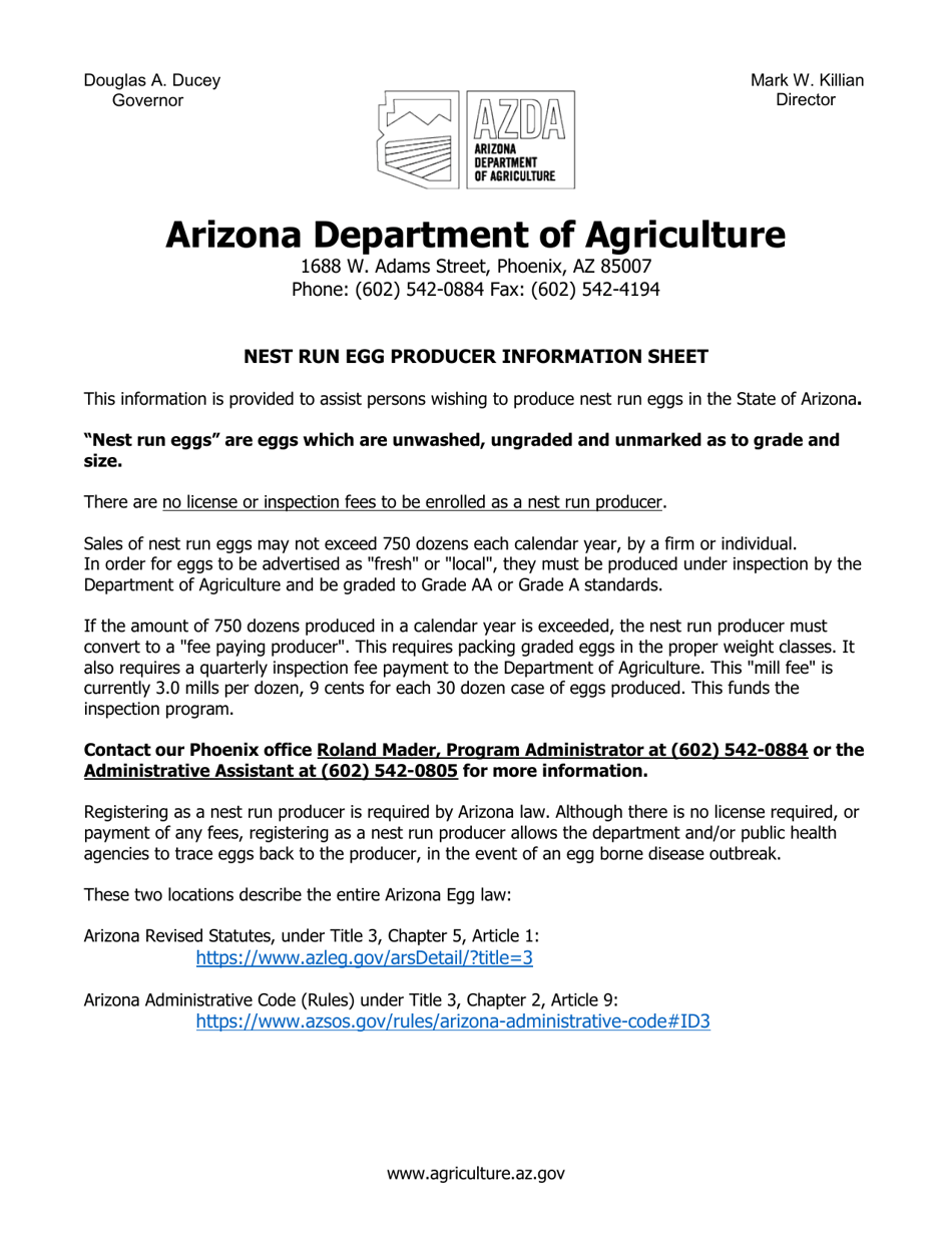 Arizona Notice of Intent to Register as a Nest Run Egg Producer Fill