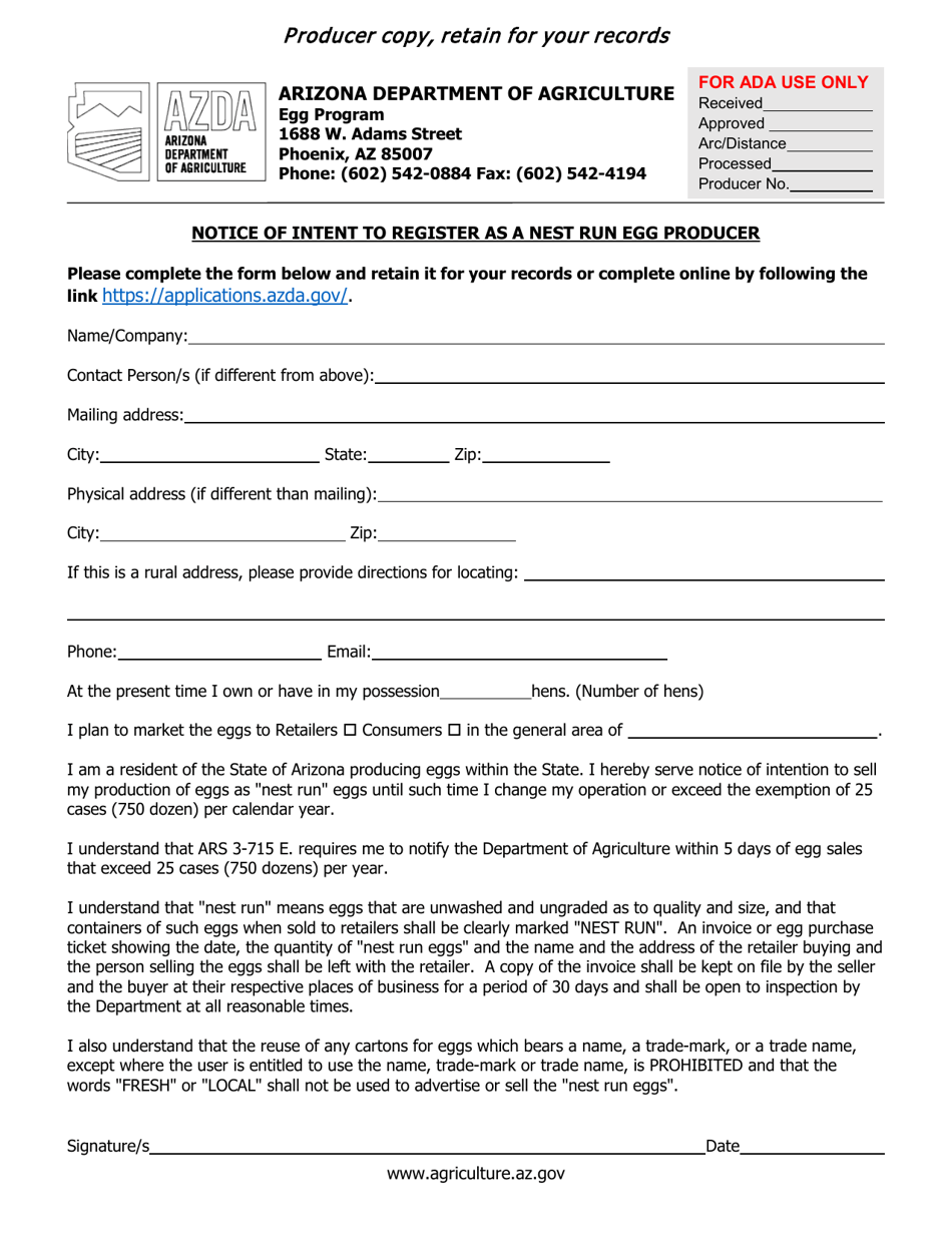 Notice of Intent to Register as a Nest Run Egg Producer - Arizona, Page 4