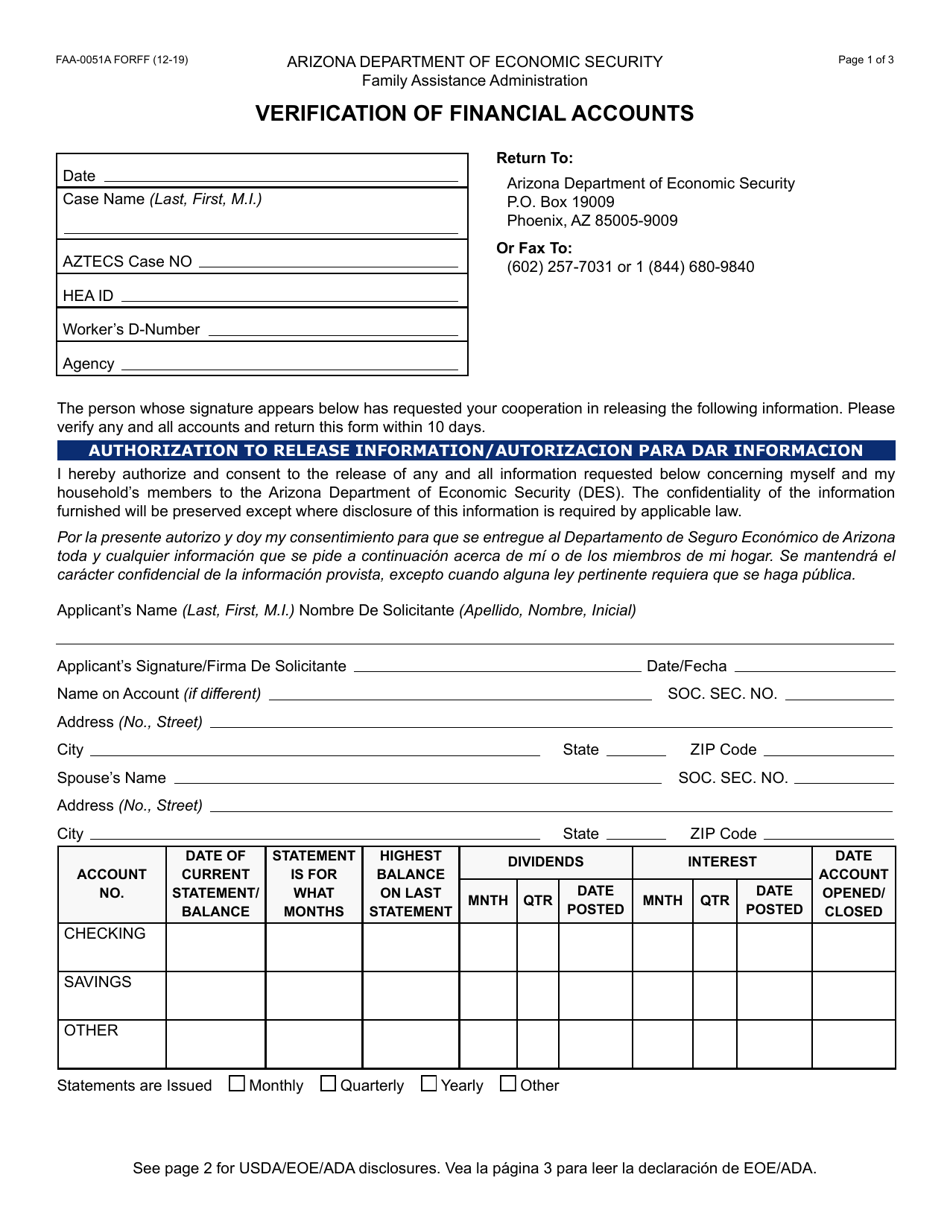 Form FAA-0051A Verification of Financial Accounts - Arizona, Page 1