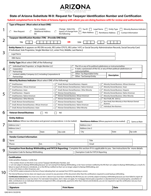 Form GAO-W-9 Request for Taxpayer Identification Number and Certification - Arizona