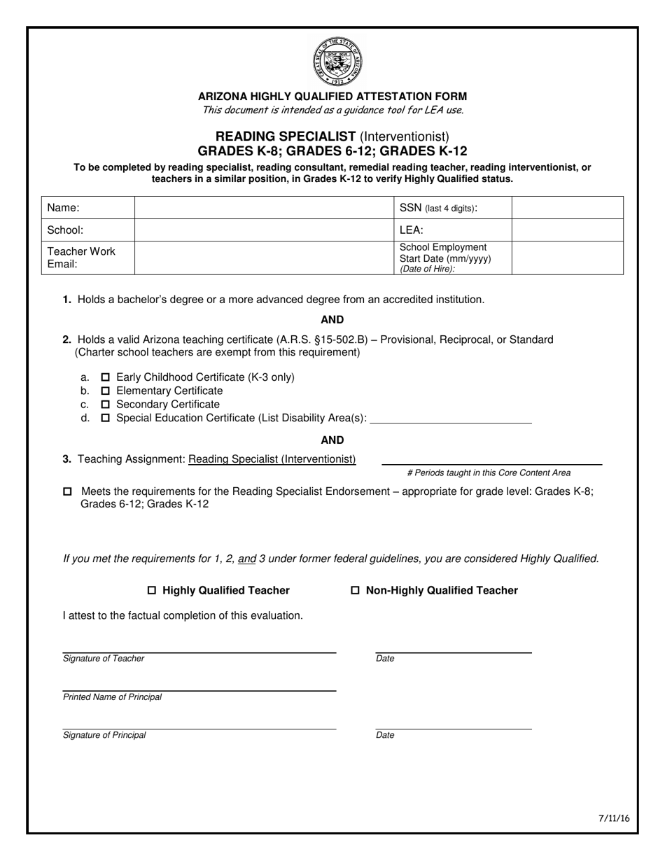 Arizona Arizona Highly Qualified Attestation Form Reading Specialist