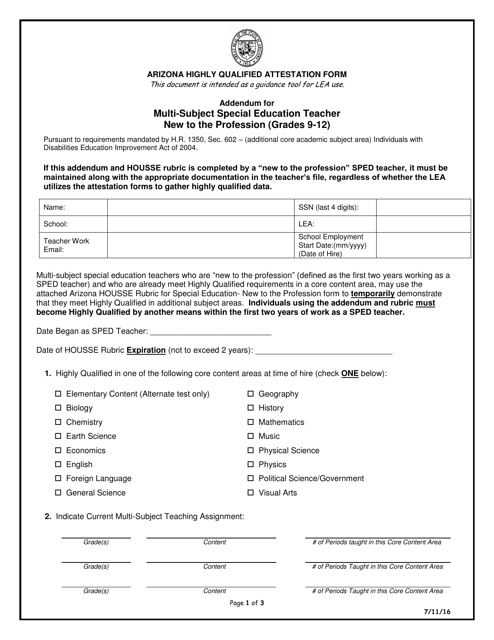 Arizona Highly Qualified Attestation Form Addendum for Multi-Subject Special Education Teacher New to the Profession (Grades 9-12) - Arizona Download Pdf