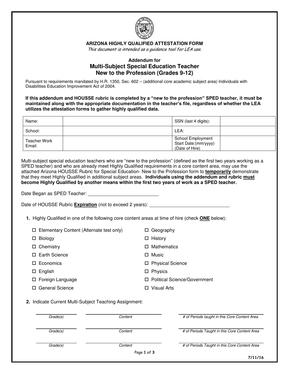 Arizona Highly Qualified Attestation Form Addendum for Multi-Subject Special Education Teacher New to the Profession (Grades 9-12) - Arizona, Page 1