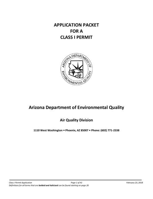 Air Quality Class I Permit Application - Arizona