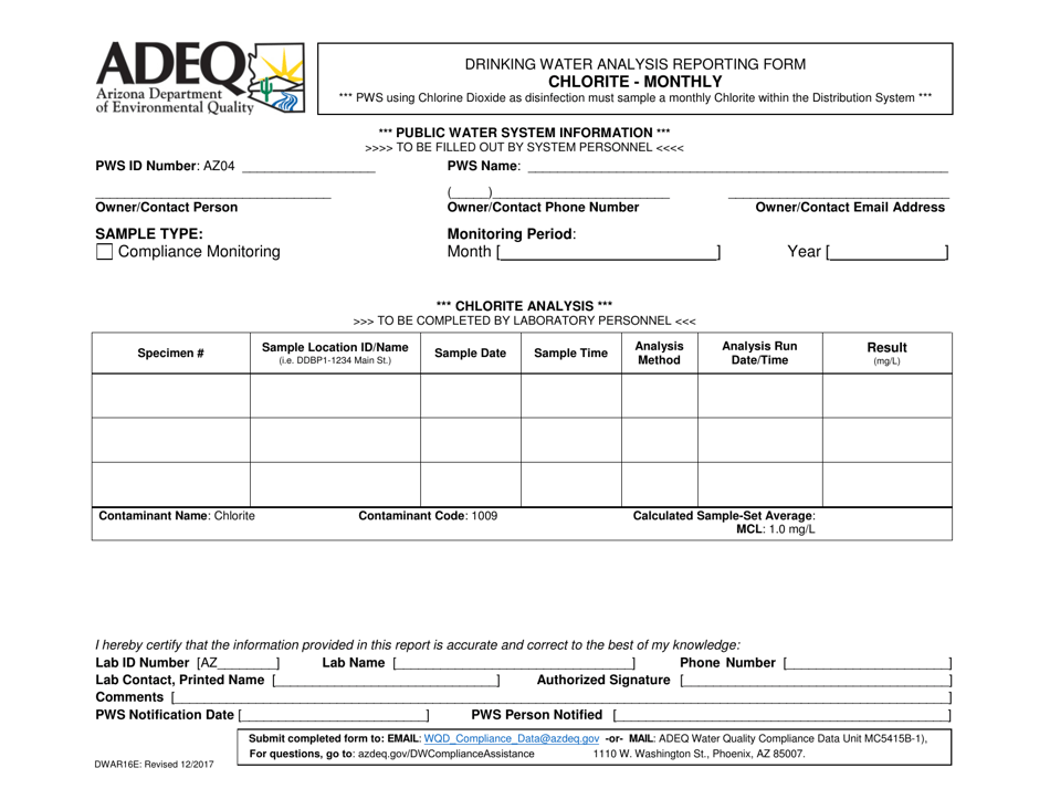 Form DWAR16E Drinking Water Analysis Reporting Form - Chlorite - Monthly - Arizona, Page 1