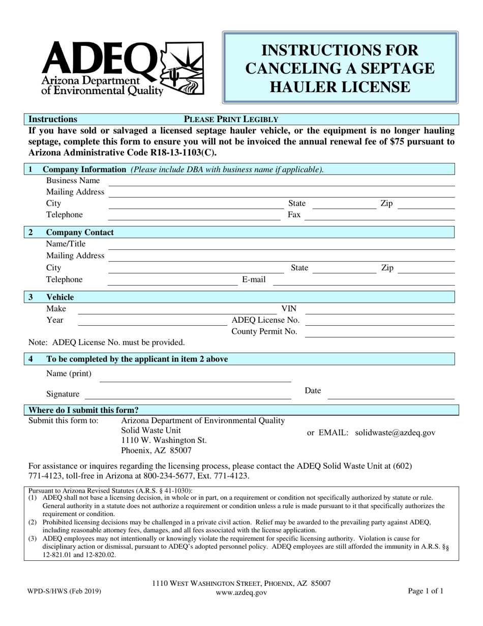 Form WPD-S / HWS Septage Hauler License Cancellation Form - Arizona, Page 1