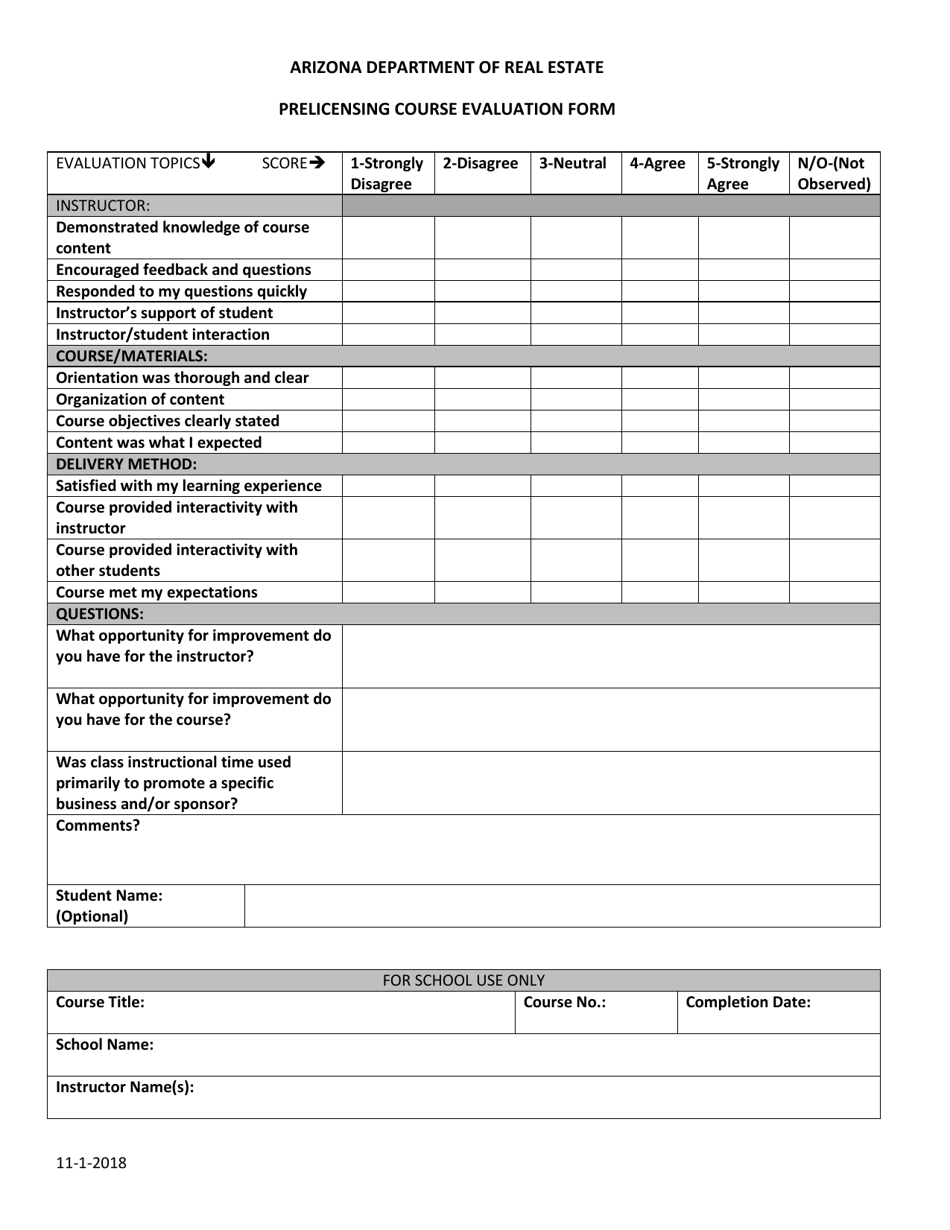 Prelicensing Course Evaluation Form - Arizona, Page 1