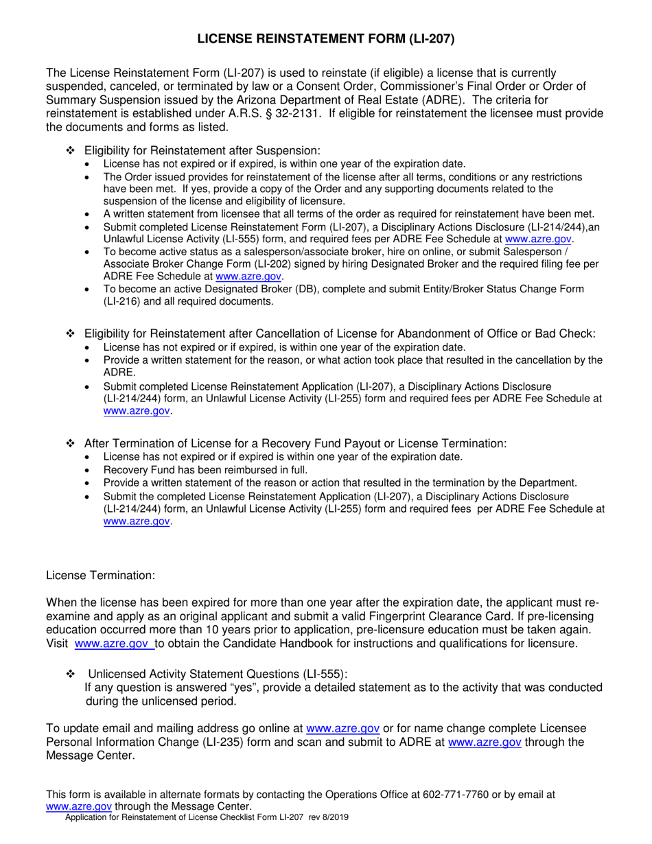Form LI-207 Application for Reinstatement of License Form - Arizona, Page 1