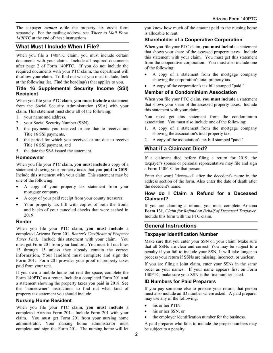 Instructions for Arizona Form 140PTC, ADOR10567 Property Tax Refund (Credit) Claim - Arizona, Page 2