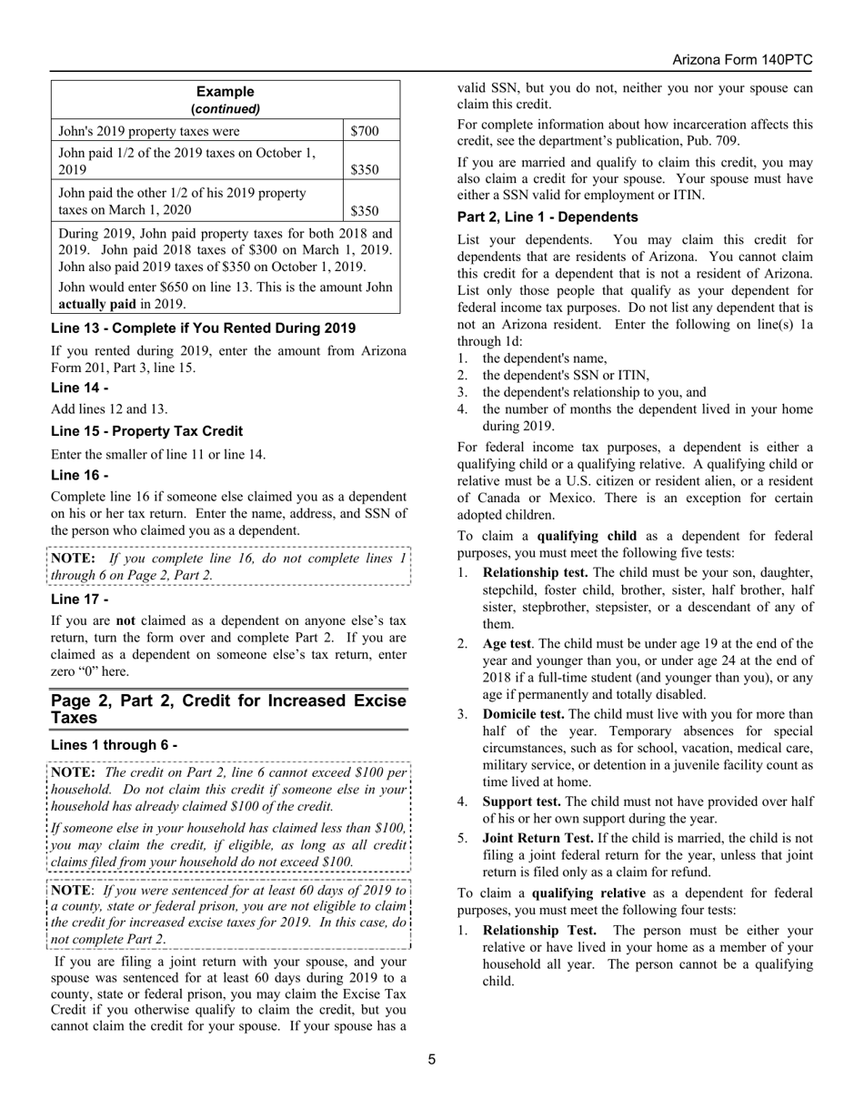 Instructions for Arizona Form 140PTC, ADOR10567 Property Tax Refund (Credit) Claim - Arizona, Page 5