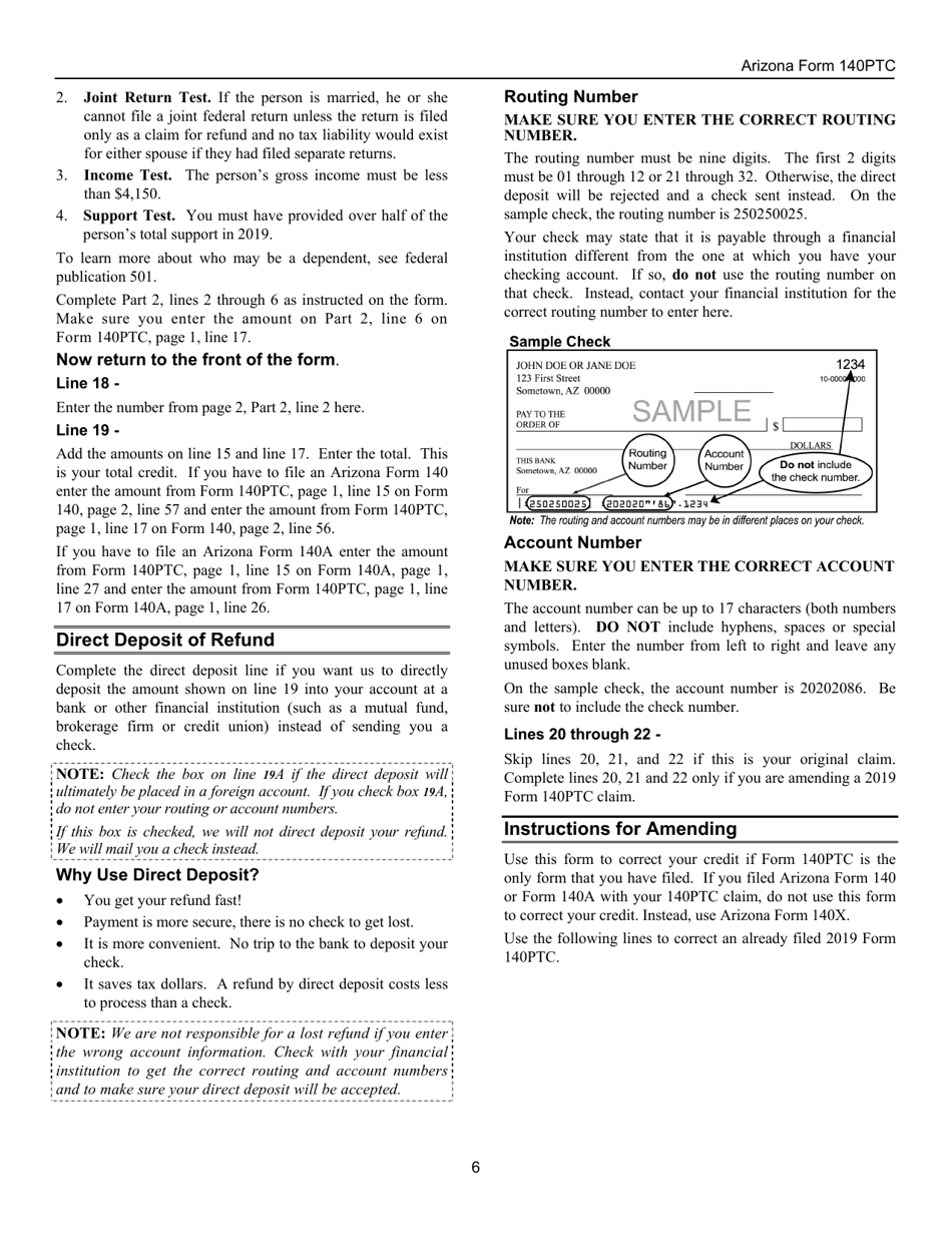 Instructions for Arizona Form 140PTC, ADOR10567 Property Tax Refund (Credit) Claim - Arizona, Page 6