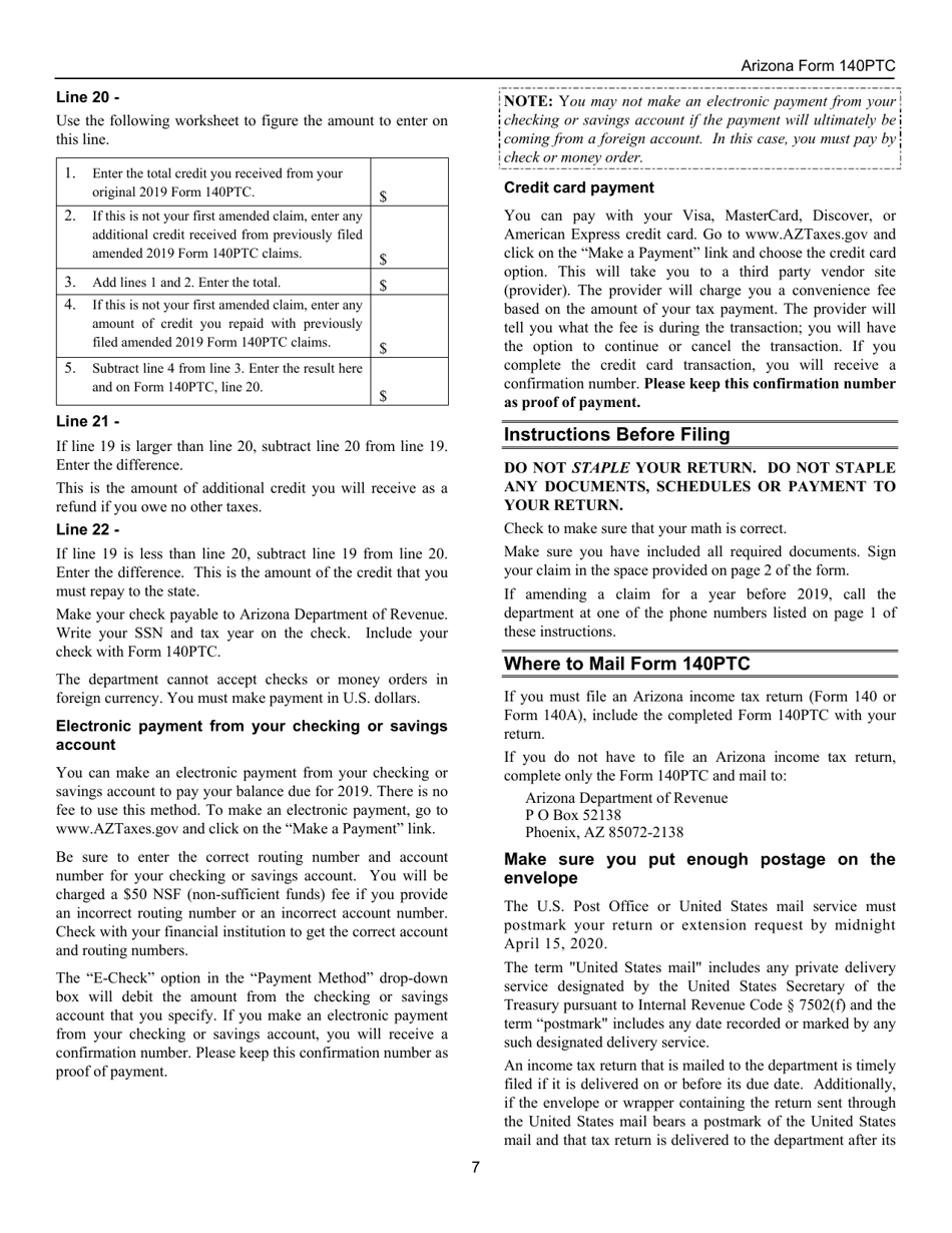 Instructions for Arizona Form 140PTC, ADOR10567 Property Tax Refund (Credit) Claim - Arizona, Page 7