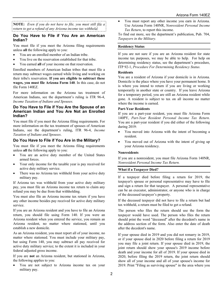 Instructions for Arizona Form 140EZ, ADOR10534 Resident Personal Income Tax Return (Ez Form) - Arizona, Page 2