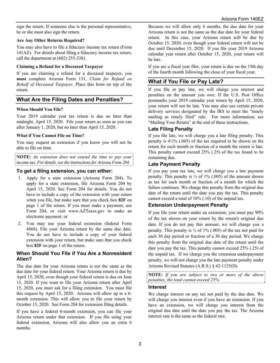 Instructions for Arizona Form 140EZ, ADOR10534 Resident Personal Income Tax Return (Ez Form) - Arizona, Page 3