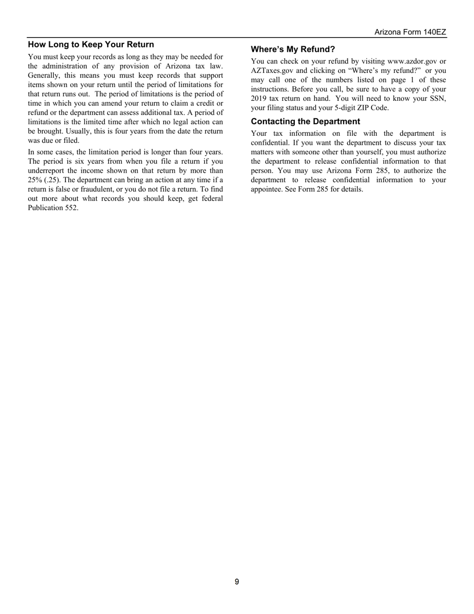 Instructions for Arizona Form 140EZ, ADOR10534 Resident Personal Income Tax Return (Ez Form) - Arizona, Page 9