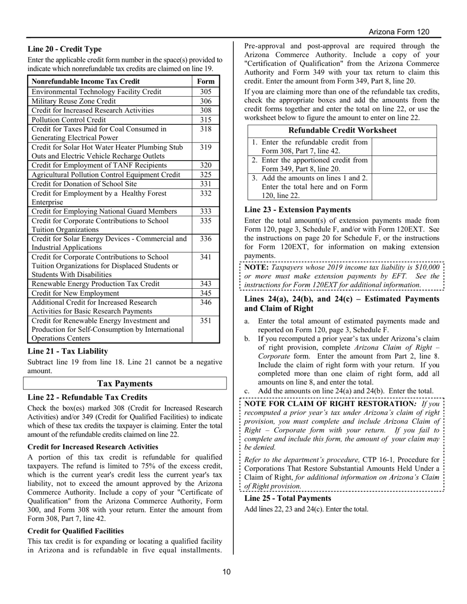 Instructions for Arizona Form 120 Arizona Corporation Income Tax Return - Arizona, Page 10