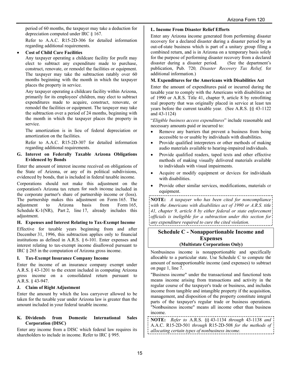 Instructions for Arizona Form 120 Arizona Corporation Income Tax Return - Arizona, Page 15