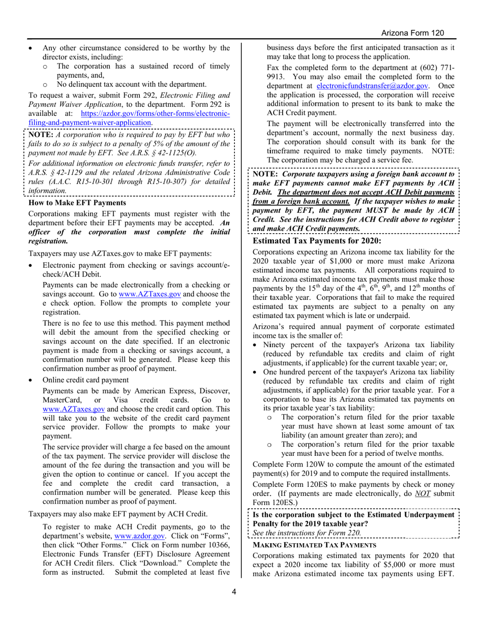 Instructions for Arizona Form 120 Arizona Corporation Income Tax Return - Arizona, Page 4