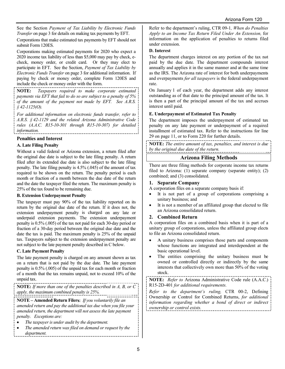 Download Instructions For Arizona Form 120 Arizona Corporation Income Tax Return Pdf 2019 4426