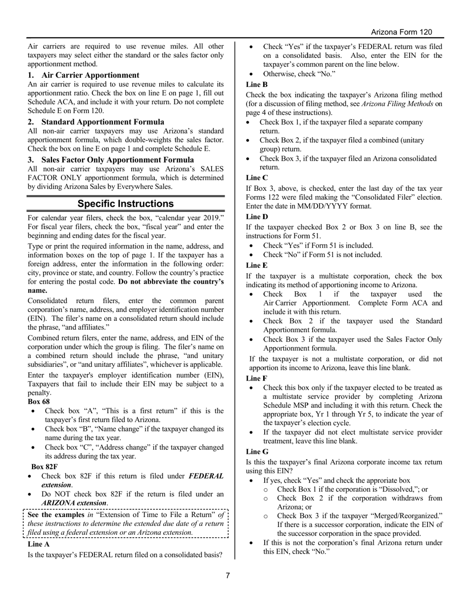 Instructions for Arizona Form 120 Arizona Corporation Income Tax Return - Arizona, Page 7