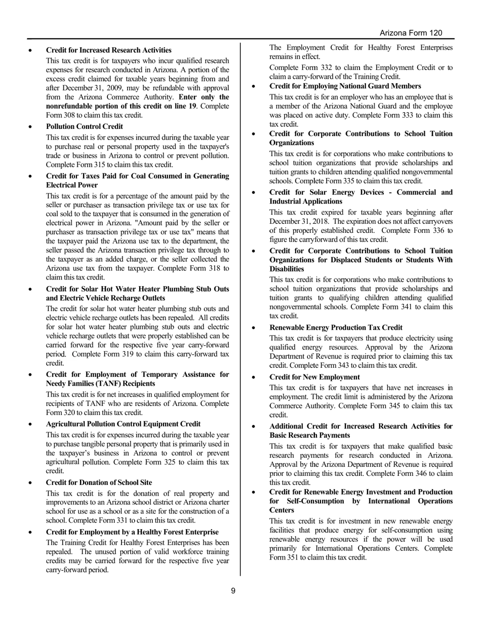 Instructions for Arizona Form 120 Arizona Corporation Income Tax Return - Arizona, Page 9
