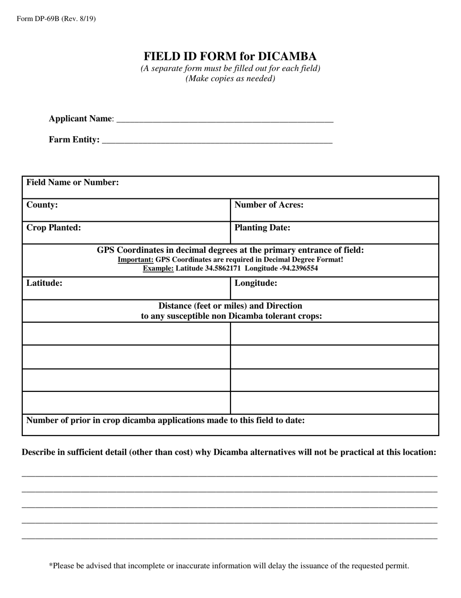 Form DP-69B Field Id Form for Dicamba - Arkansas, Page 1