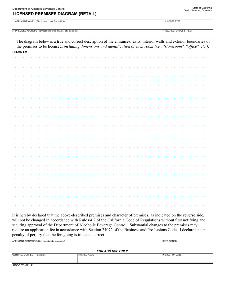Form ABC-257 Licensed Premises Diagram (Retail) - California, Page 1