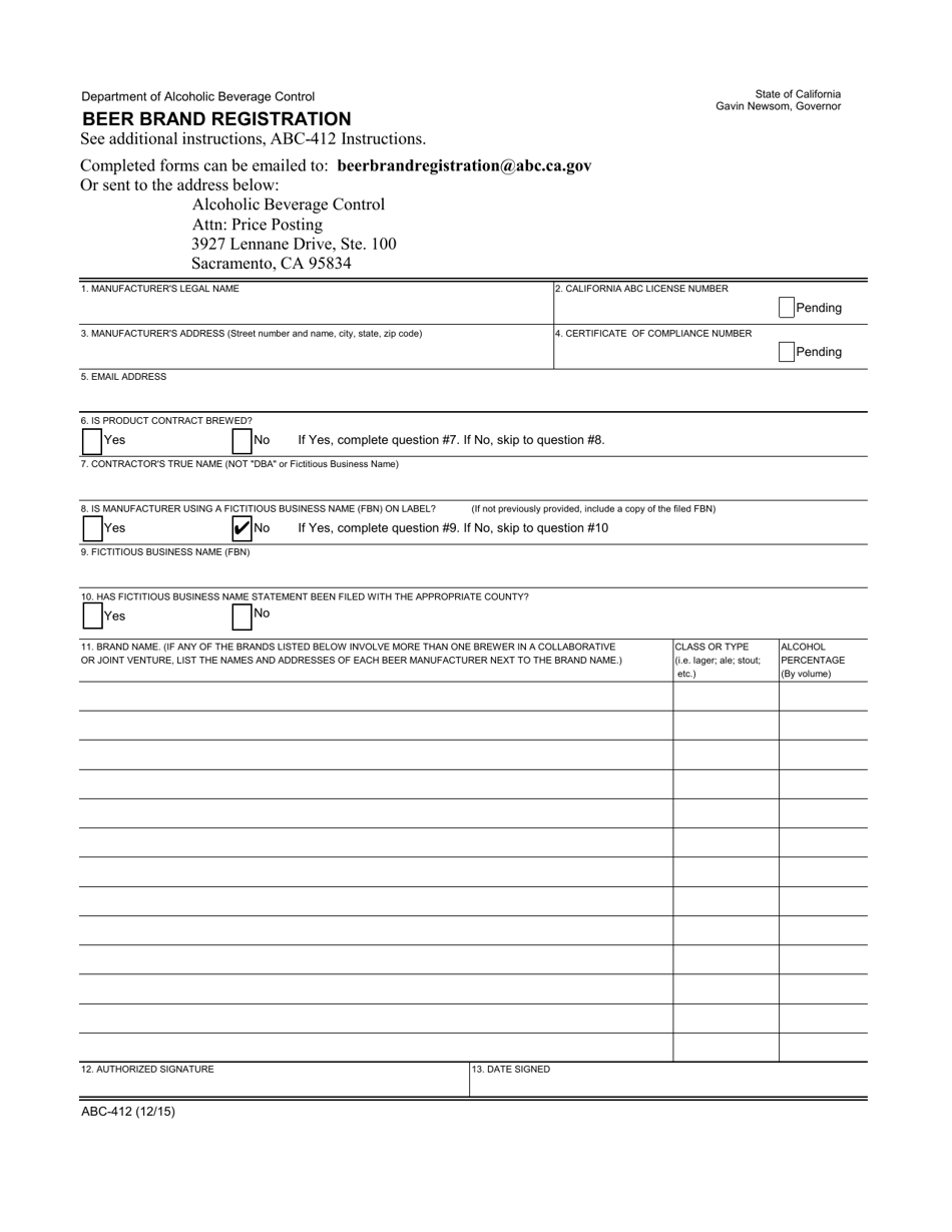 Form ABC-412 Beer Brand Registration - California, Page 1