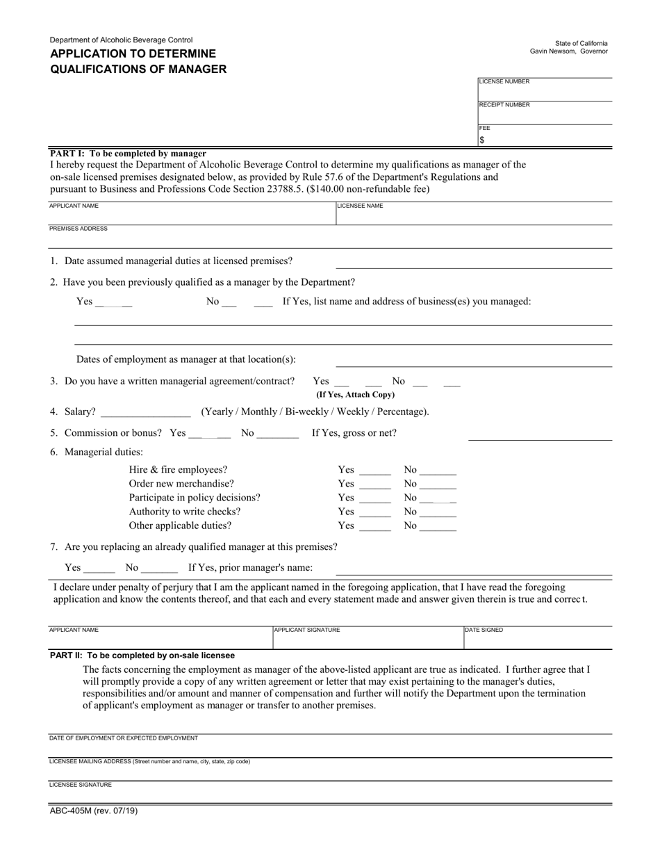 Form ABC-405M Application to Determine Qualifications of Manager - California, Page 1