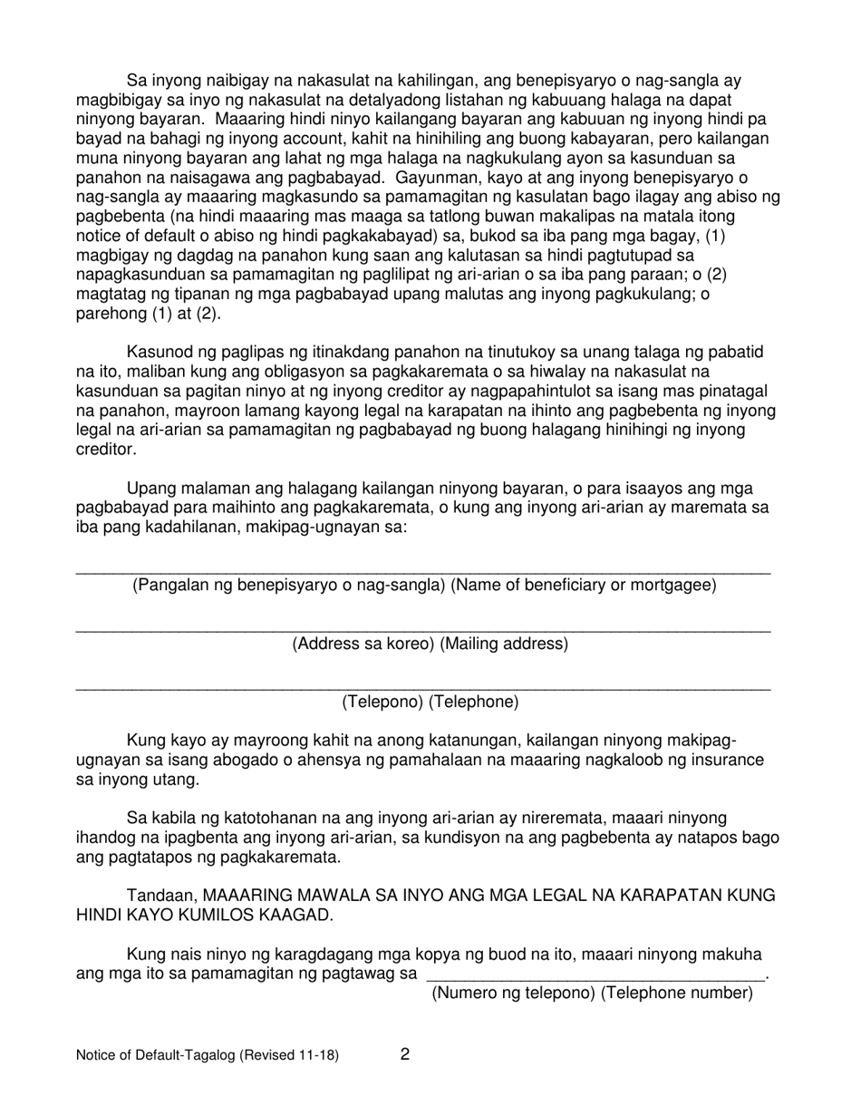 Form 2923.3 C2 Summary of Notice of Default - California (Tagalog), Page 2
