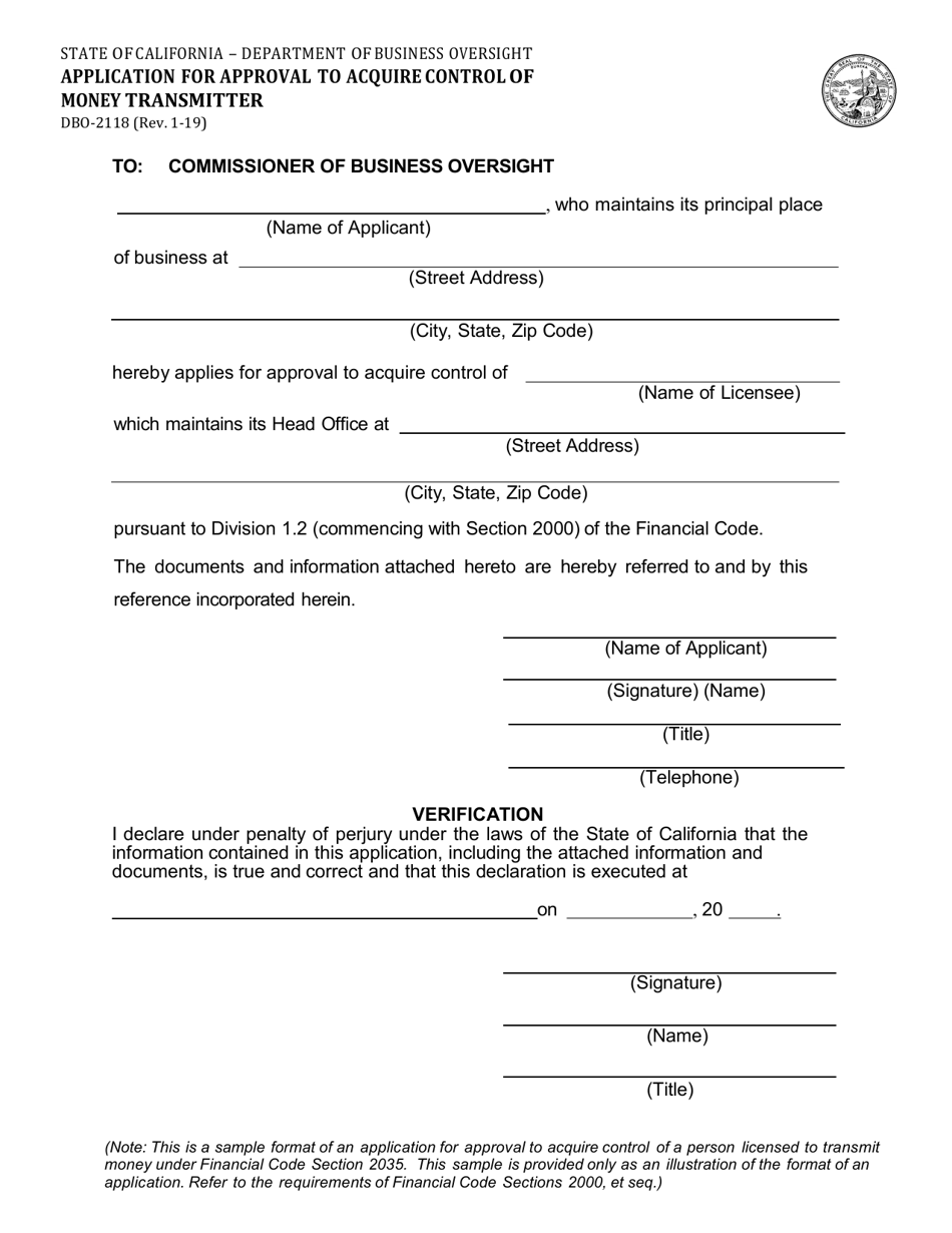 Form DBO-2118 Application for Approval to Acquire Control of Money Transmitter - California, Page 1