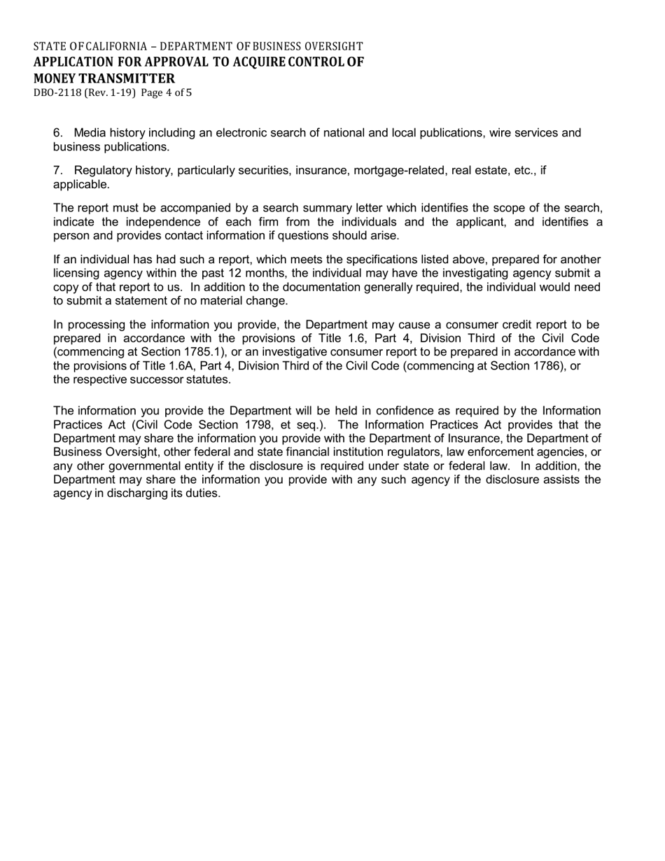 Form DBO-2118 Application for Approval to Acquire Control of Money Transmitter - California, Page 4