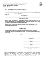 Document preview: Form DBO-2110 Application for a License to Engage in the Money Transmission Business - California