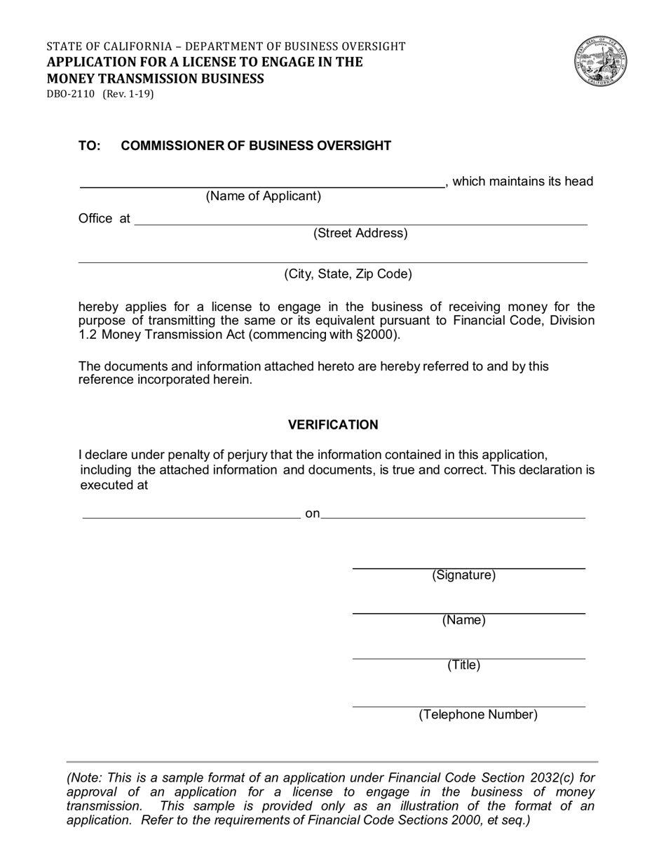 Form DBO-2110 Application for a License to Engage in the Money Transmission Business - California, Page 1