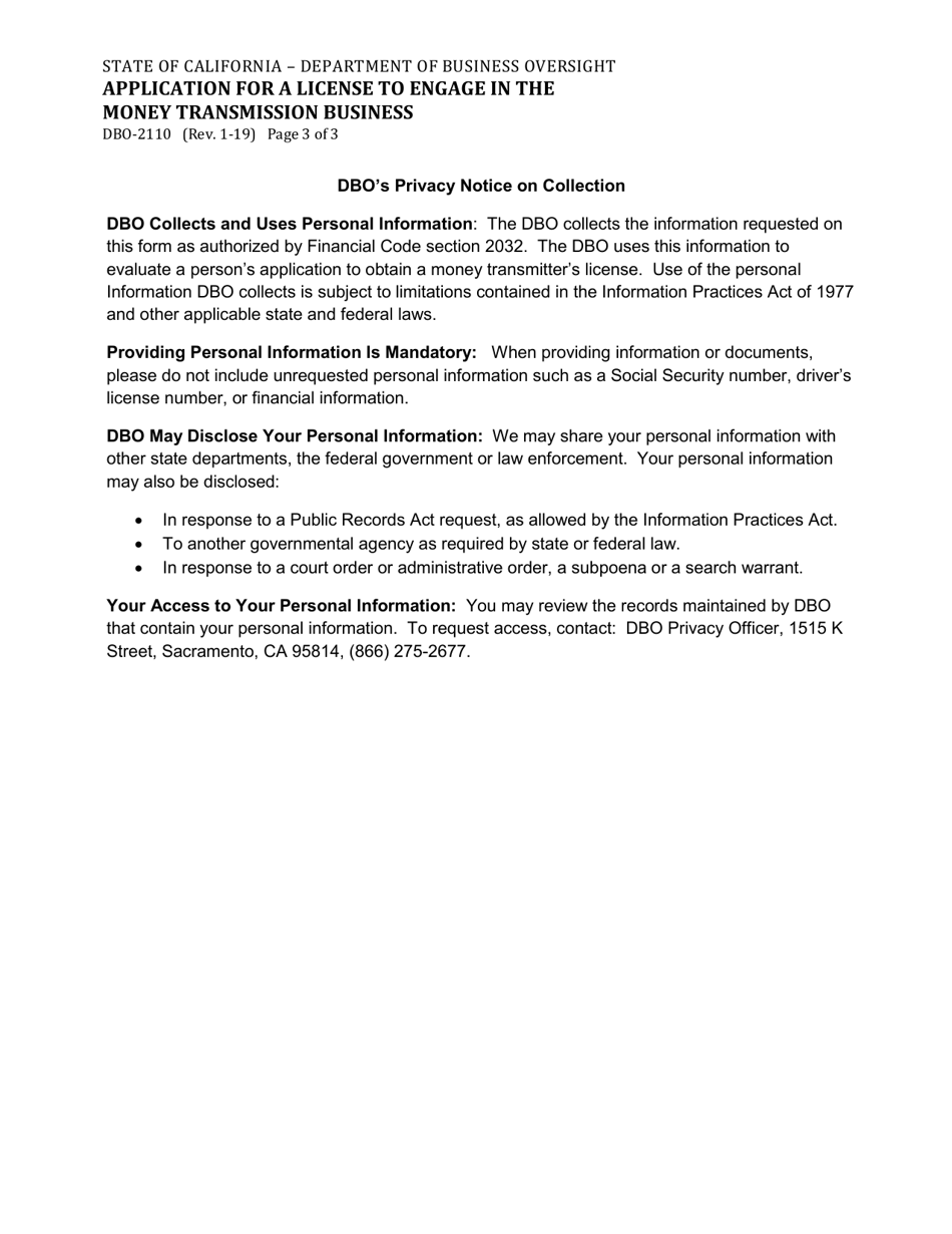 Form DBO-2110 Application for a License to Engage in the Money Transmission Business - California, Page 3
