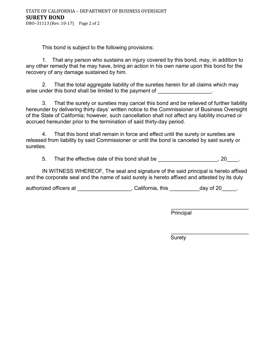 Form DBO-31113 Surety Bond - California, Page 2