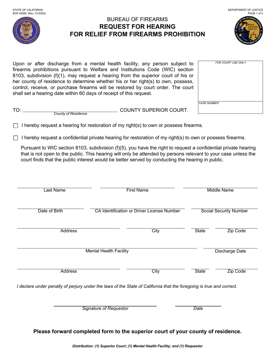 Form BOF4009C Request for Hearing for Relief From Firearms Prohibition - California, Page 1