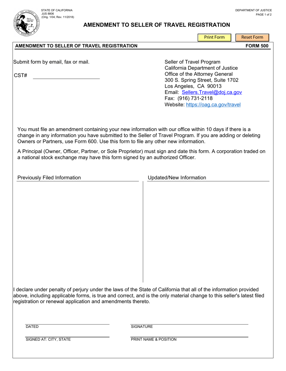 Form JUS8806 (500) Amendment to Seller of Travel Registration - California, Page 1