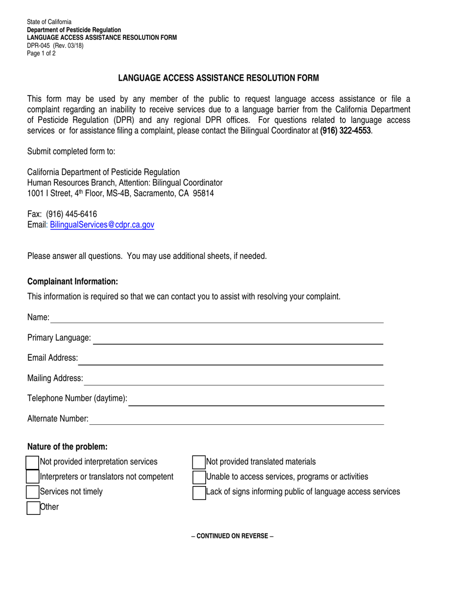 Form DPR-045 Language Access Assistance Resolution Form - California, Page 1