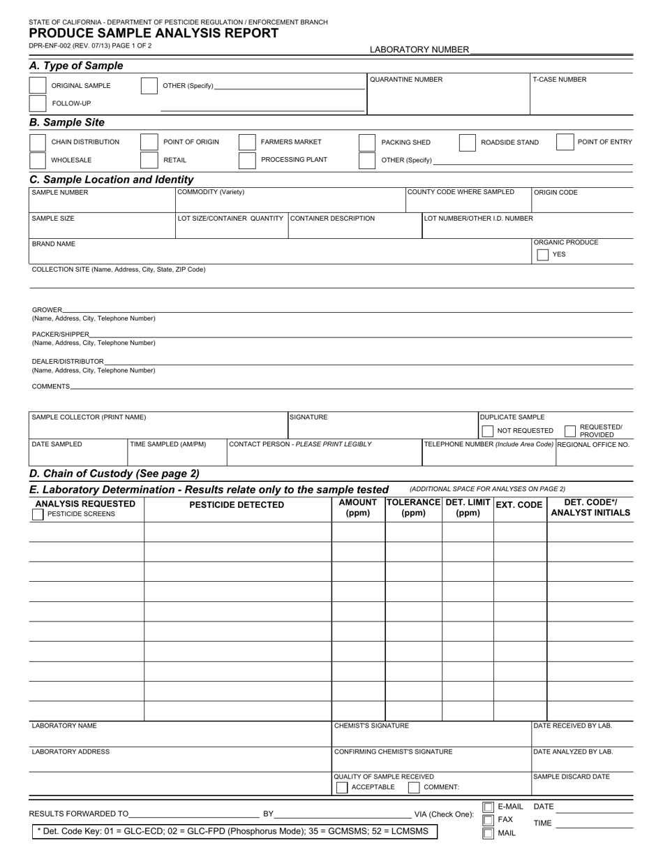 Form DPR-ENF-002 Produce Sample Analysis Report - California, Page 1